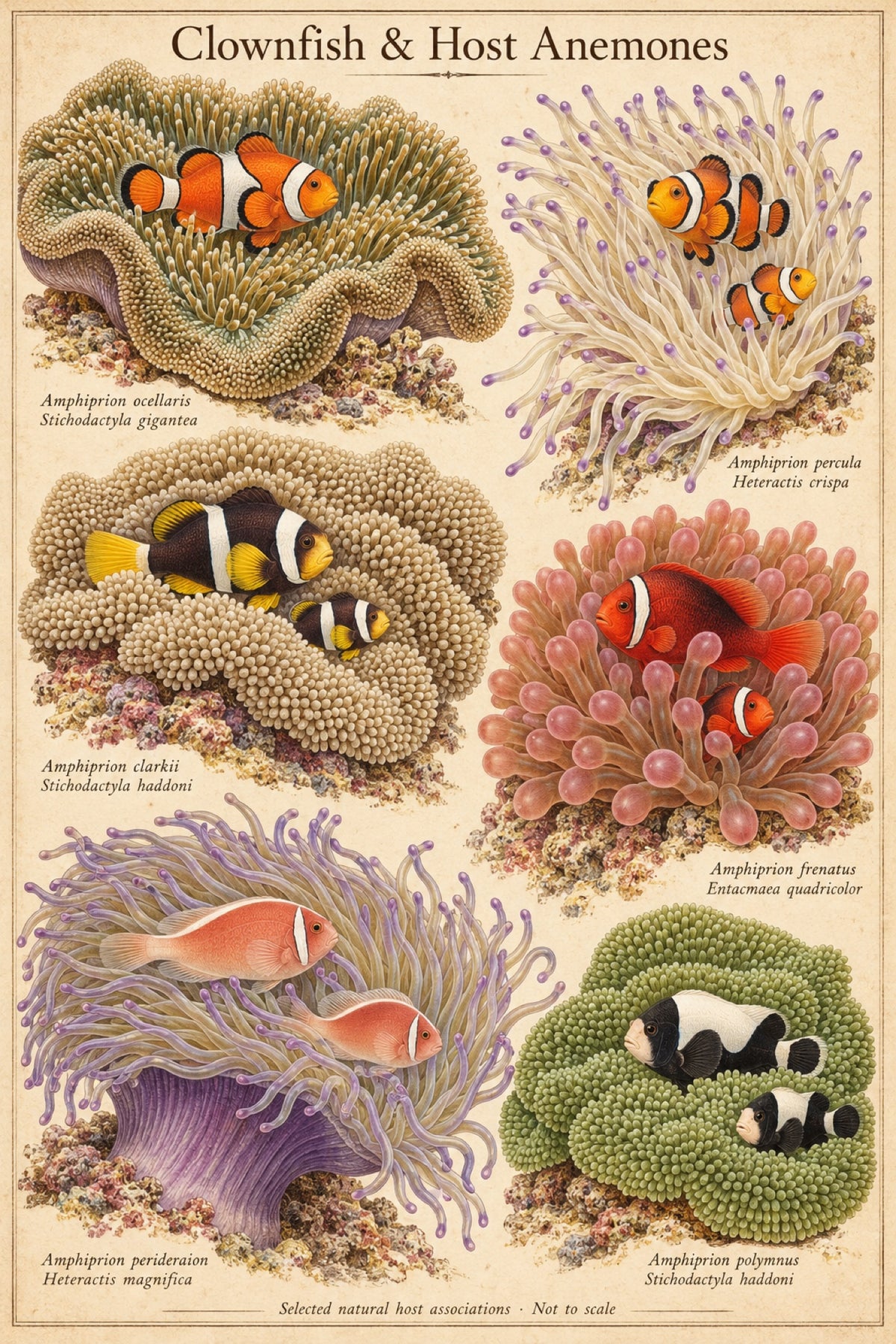 Clownfish & Host Anemones poster — Amphiprion, vintage natural-history plate