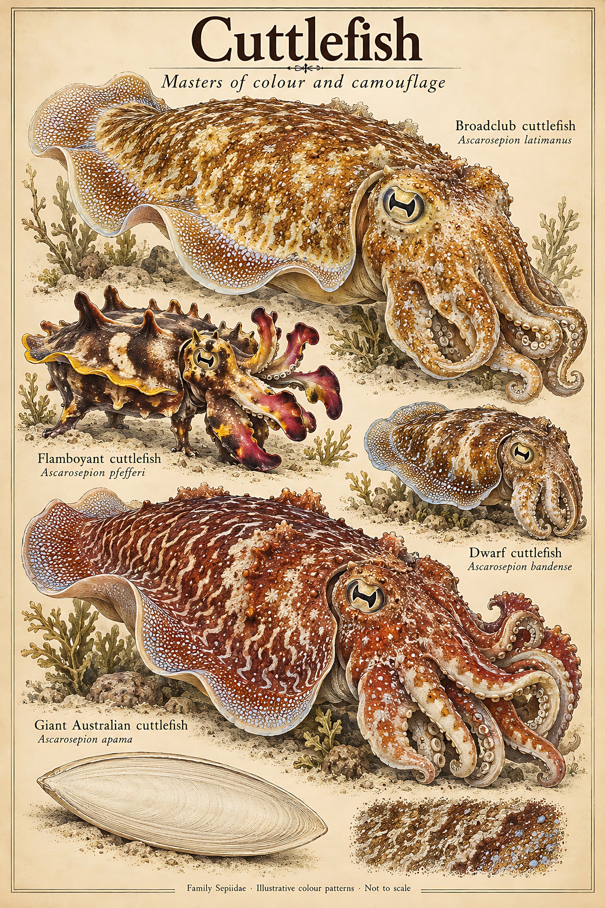 Cuttlefish — Masters of Colour and Camouflage, antique botanical plate poster art