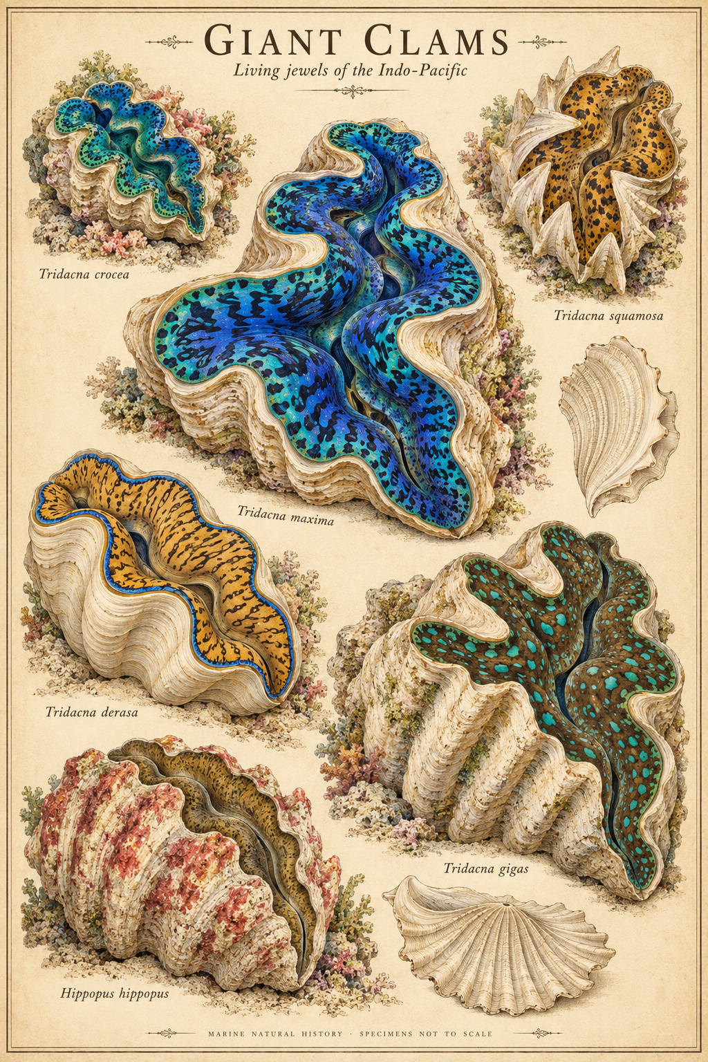 Giant Clams — living jewels of the Indo-Pacific, vintage plate poster