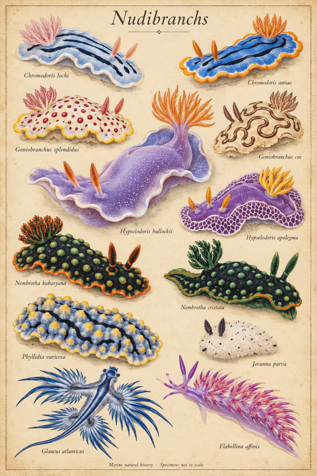 Nudibranchs poster — sea slugs of the reef, vintage natural-history plate