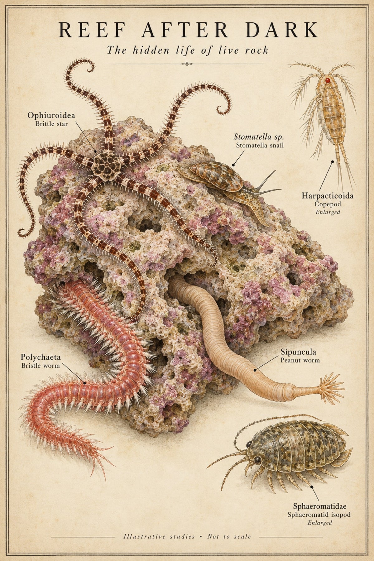Reef After Dark poster — The Hidden Life of Live Rock, vintage natural-history plate