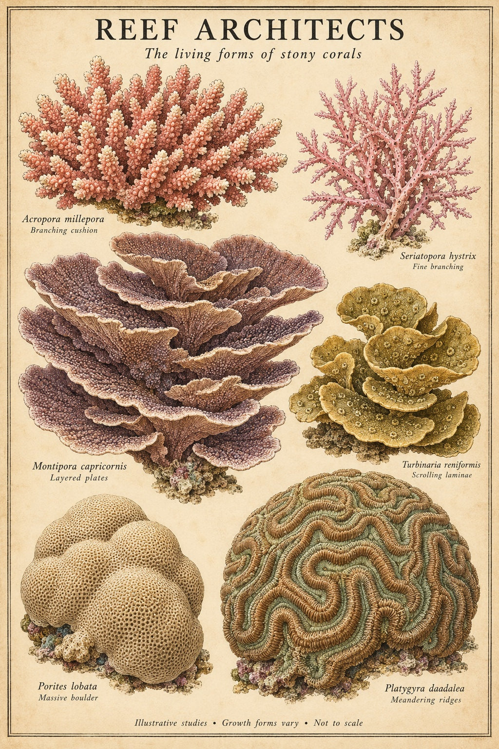 Reef Architects — the living forms of stony corals, vintage plate poster