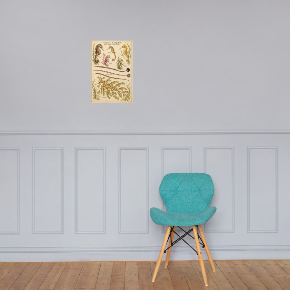 Seahorses & Pipefish poster on a wall — lifestyle mockup