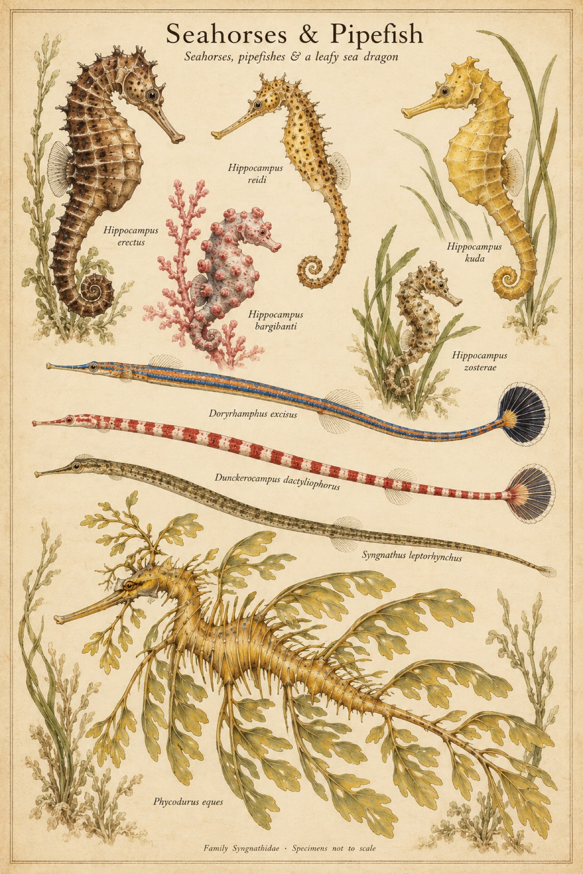 Seahorses & Pipefish poster — Syngnathidae, vintage natural-history plate